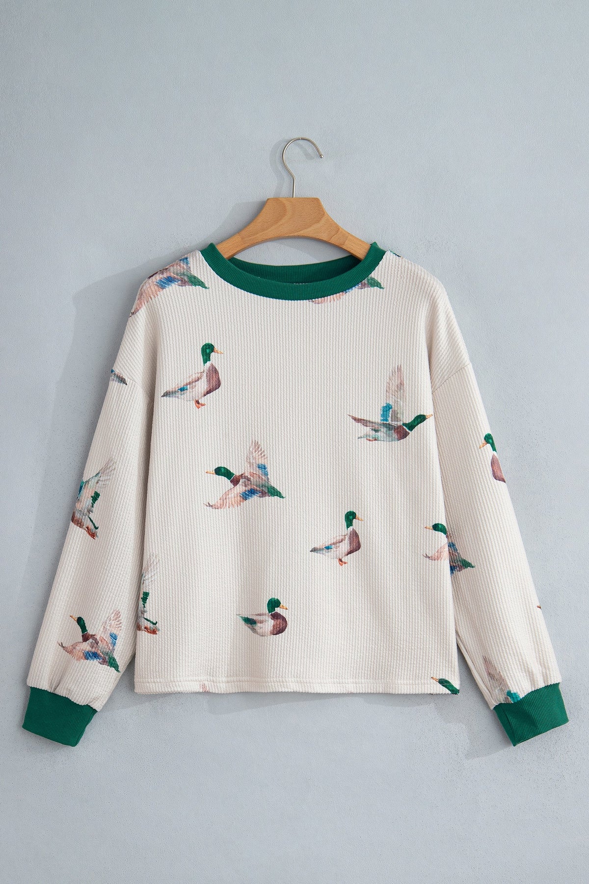 Mallard Duck Corded Knit Crew Neck Pullover Top