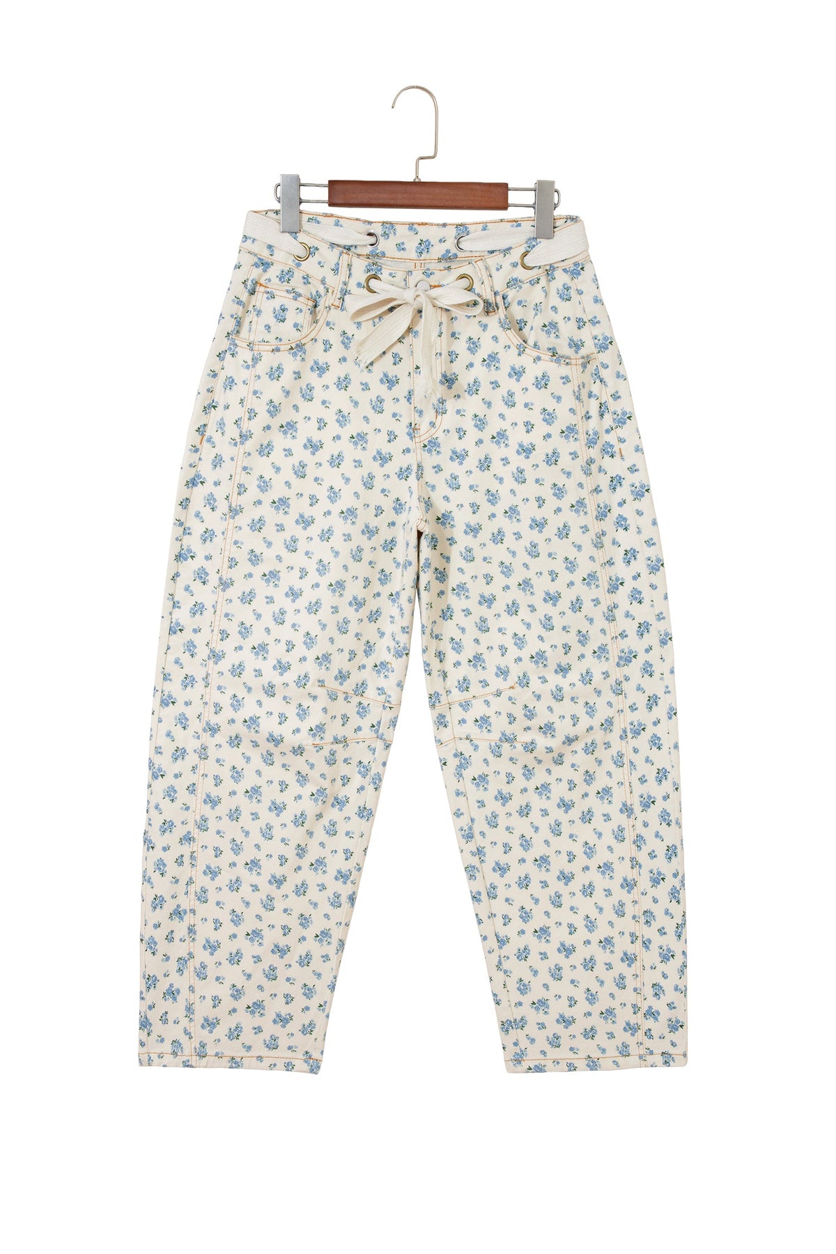 Floral Grommet Knot Waist Barrel Leg Jeans