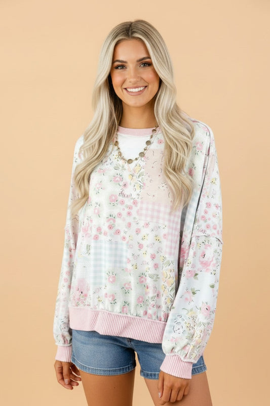 Floral Patchwork Corded Knit Long Sleeve Top