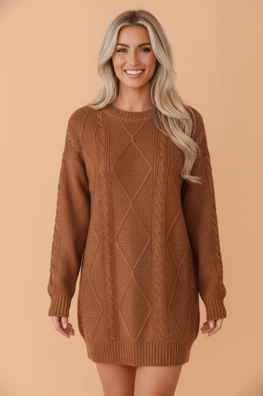 Solid Cable Knit Drop Shoulder Sweater Dress