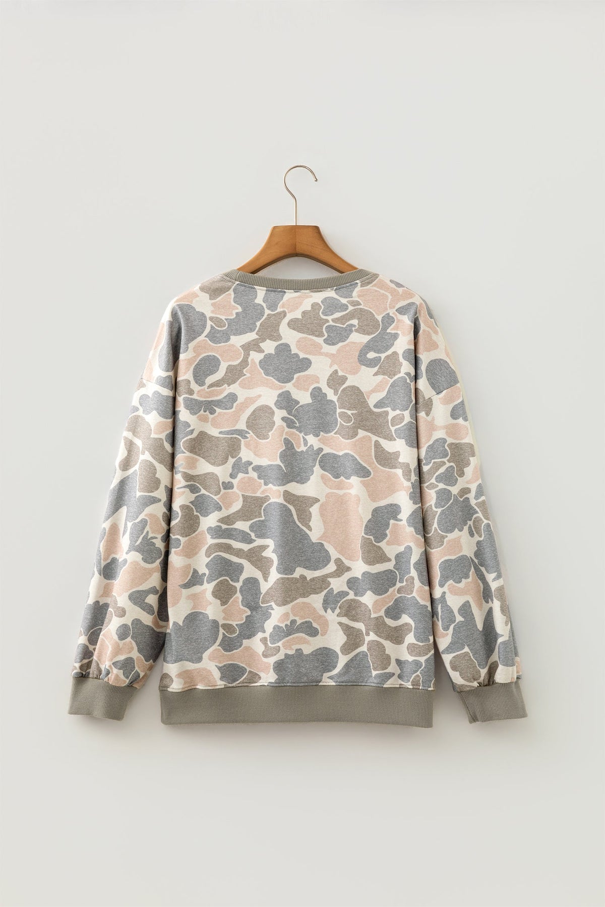 Camo Ribbed Trim Crew Neck Pullover Sweatshirt