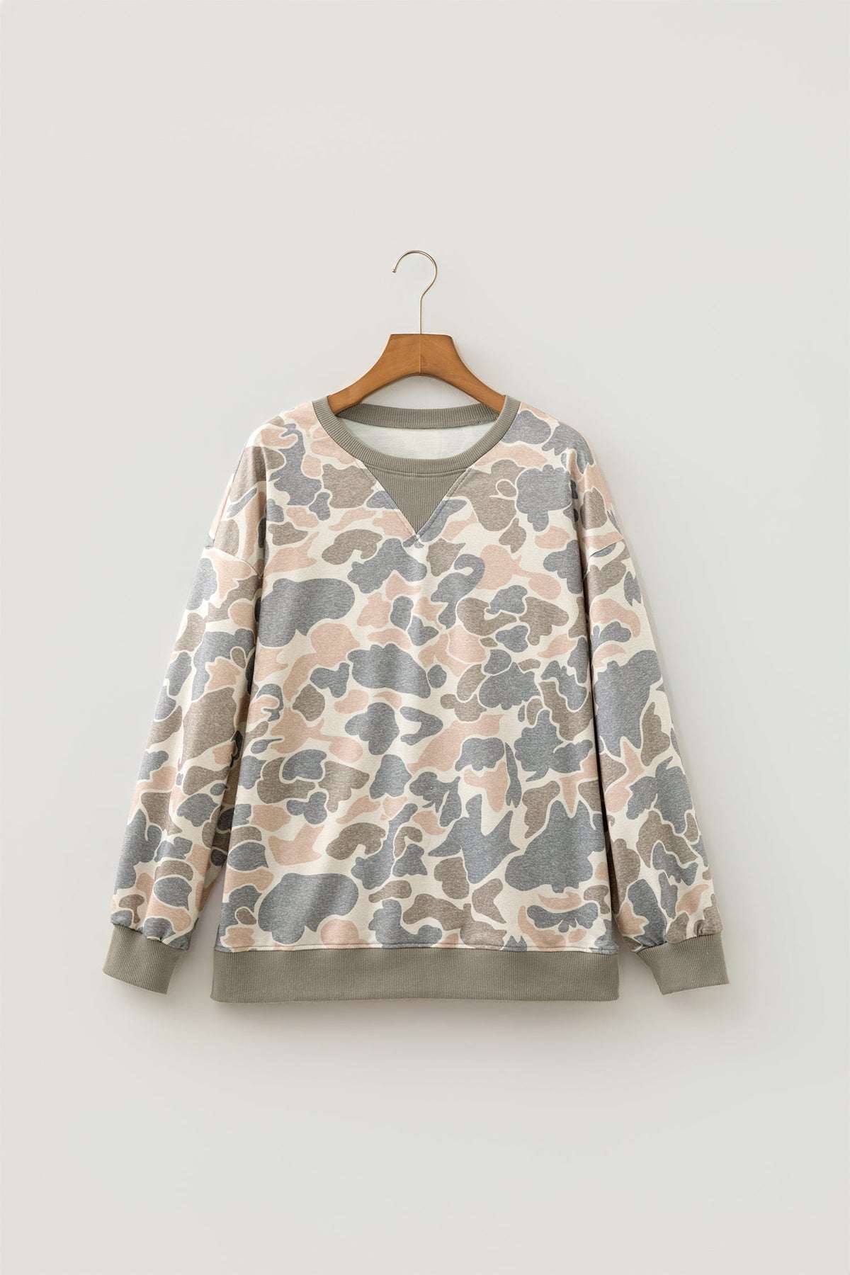 Camo Ribbed Trim Crew Neck Pullover Sweatshirt