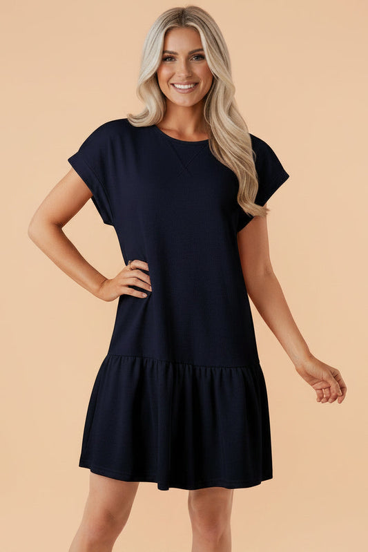 Solid Color Cap Sleeve Ruffle Hem Short Dress