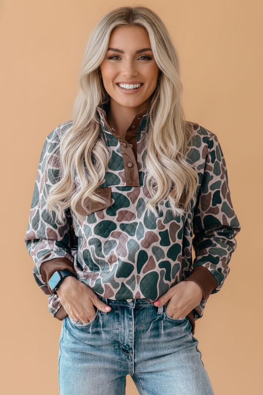Retro Camo Colorblock Snap Button Pullover Sweatshirt