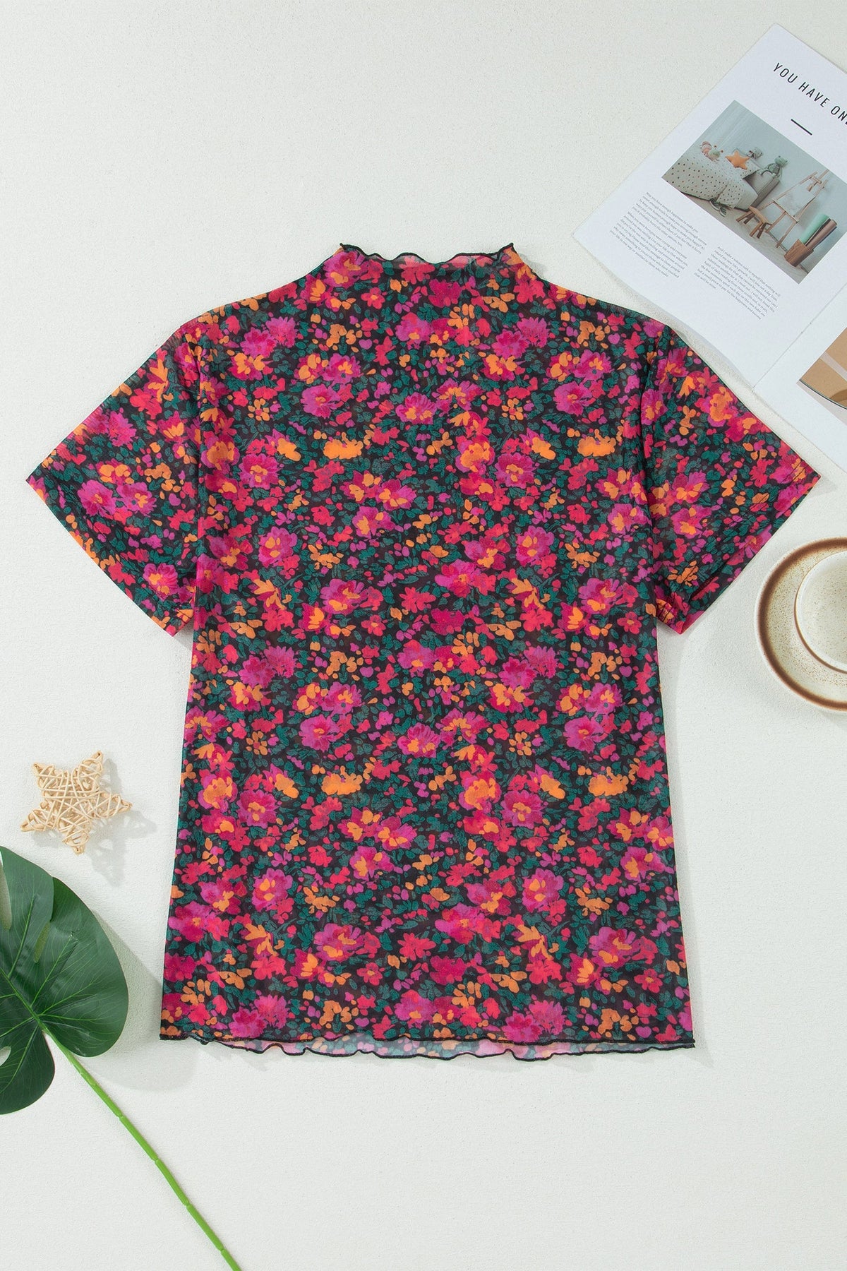 Plus Size Floral Mesh Short Sleeve Top
