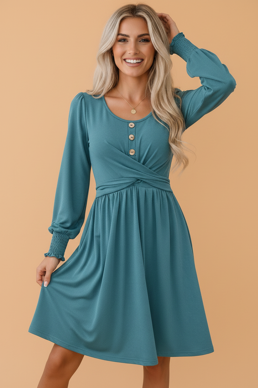 Solid Shirred Cuff Long Sleeve Buttoned Mini Dress